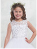 Beaded White Lace Tulle Keyhole Back Ankle Length Flower Girl Dress